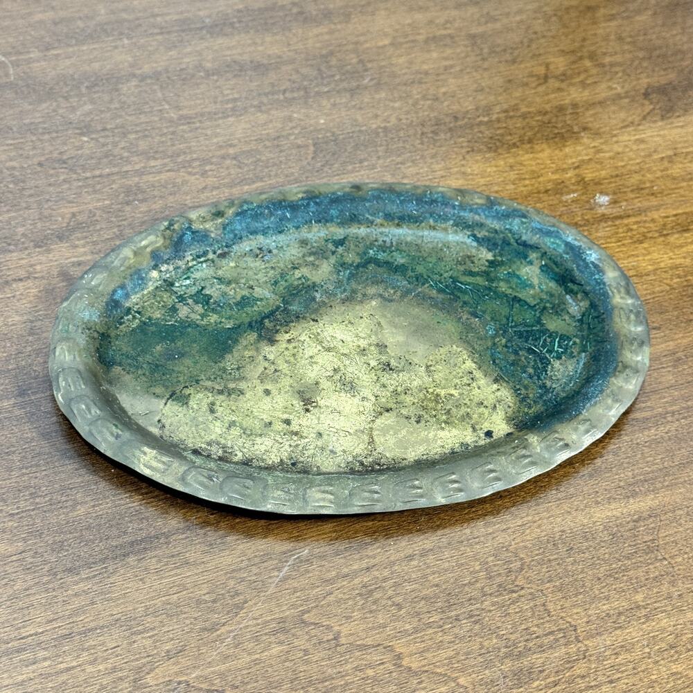 Vintage India Brass Oval Trinket Dish Tray with Verdigris Patina Collectible